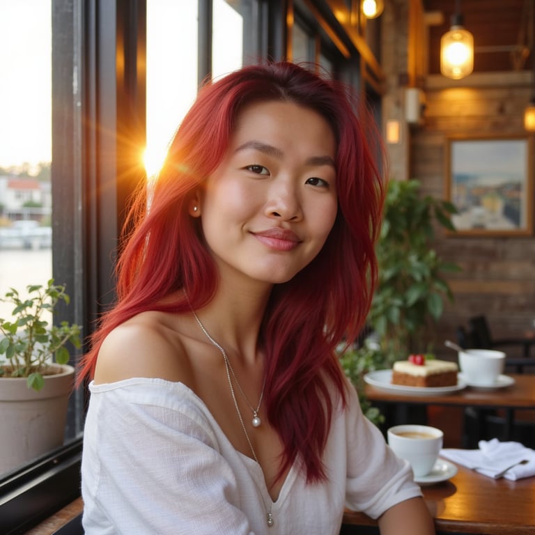 woman wearing a flowing, sheer white linen top, her shoulders gently exposed, re