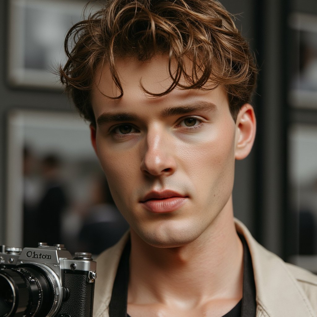 man in a modern, stylish look, photographed in a scene that honors the art and legacy of photography. A vintage camera is placed as a creative prop. The background features a softly blurred gallery wall with iconic photo prints and subtle lens flares. Studio lighting is perfectly balanced, sculpting his facial features with clarity and depth. His expression reflects calm focus and creative passion. Hyper-detailed, HDR quality, sharp focus