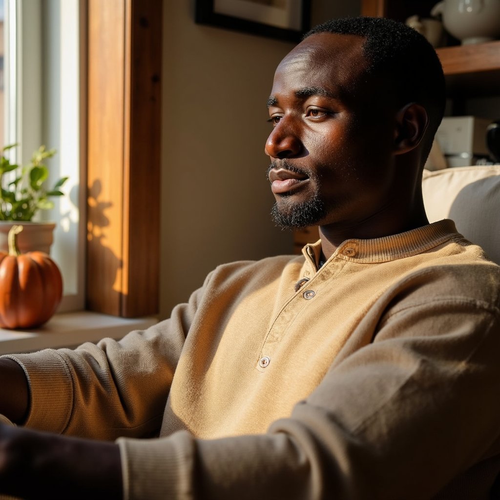 Highly detailed, highly realistic, hyperrealistic HDR portrait of a man (male, ~36 yrs) seated waist-up near a window with afternoon sunlight spilling from the left side. He wears a soft tan henley shirt with visible knit ribbing and rolled sleeves. His posture relaxed, gaze slightly downward in calm reflection. Camera angled at ~30° from his left, focus sharp on face and torso, shallow depth of field blurring the wooden window frame and faint outdoor foliage beyond. Light creates soft golden rim highlights on his jawline and shoulder. Visible texture: fabric weave, skin pores, fine arm hairs catching light. HDR, high resolution, high quality, highly detailed, photorealistic.