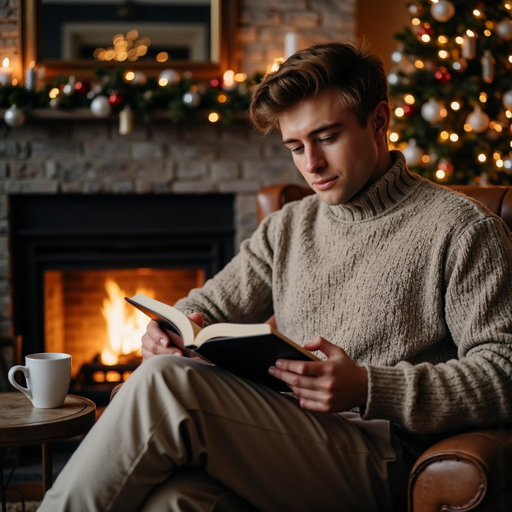 close up of a man in a relaxed turtleneck sweater and comfortable trousers, sitting in an armchair near a fireplace with a decorated christmas tree off to the side. he holds an open book in his lap, looking down at the pages with a calm, absorbed expression. a simple mug of hot drink rests on a small side table next to him. the fireplace casts a warm, directional glow across his face and hands, while the tree lights add soft highlights and subtle reflections on nearby ornaments. the background remains uncluttered, with just a hint of mantle decor and shadows. rich contrast between deep shadows and warm highlights gives the scene a cinematic, intimate feel. three-quarter portrait composition, ultra-detailed, highly realistic, hdr.