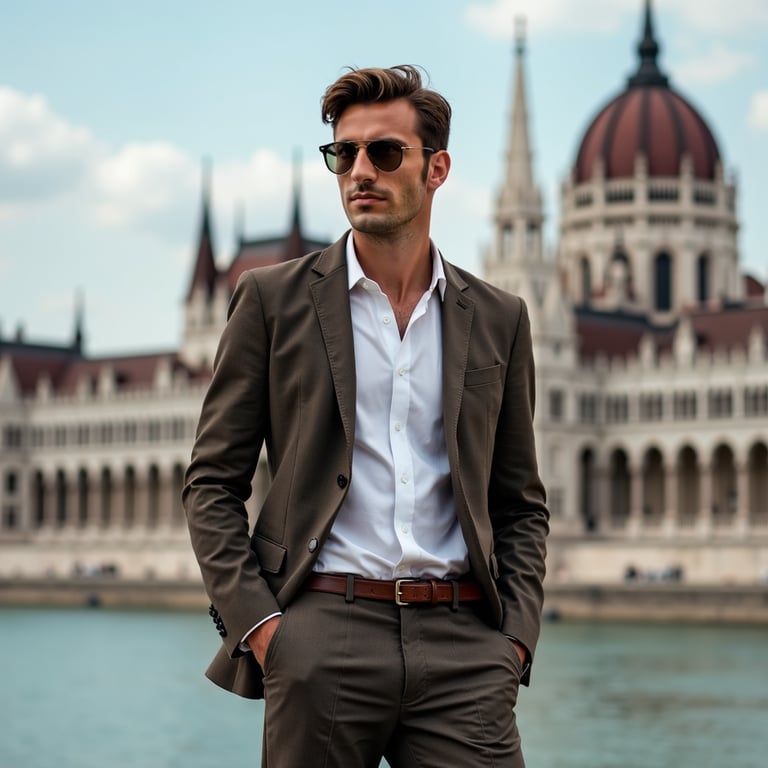 man wearing a stylish blazer and trousers, standing in front of the Széchenyi Th