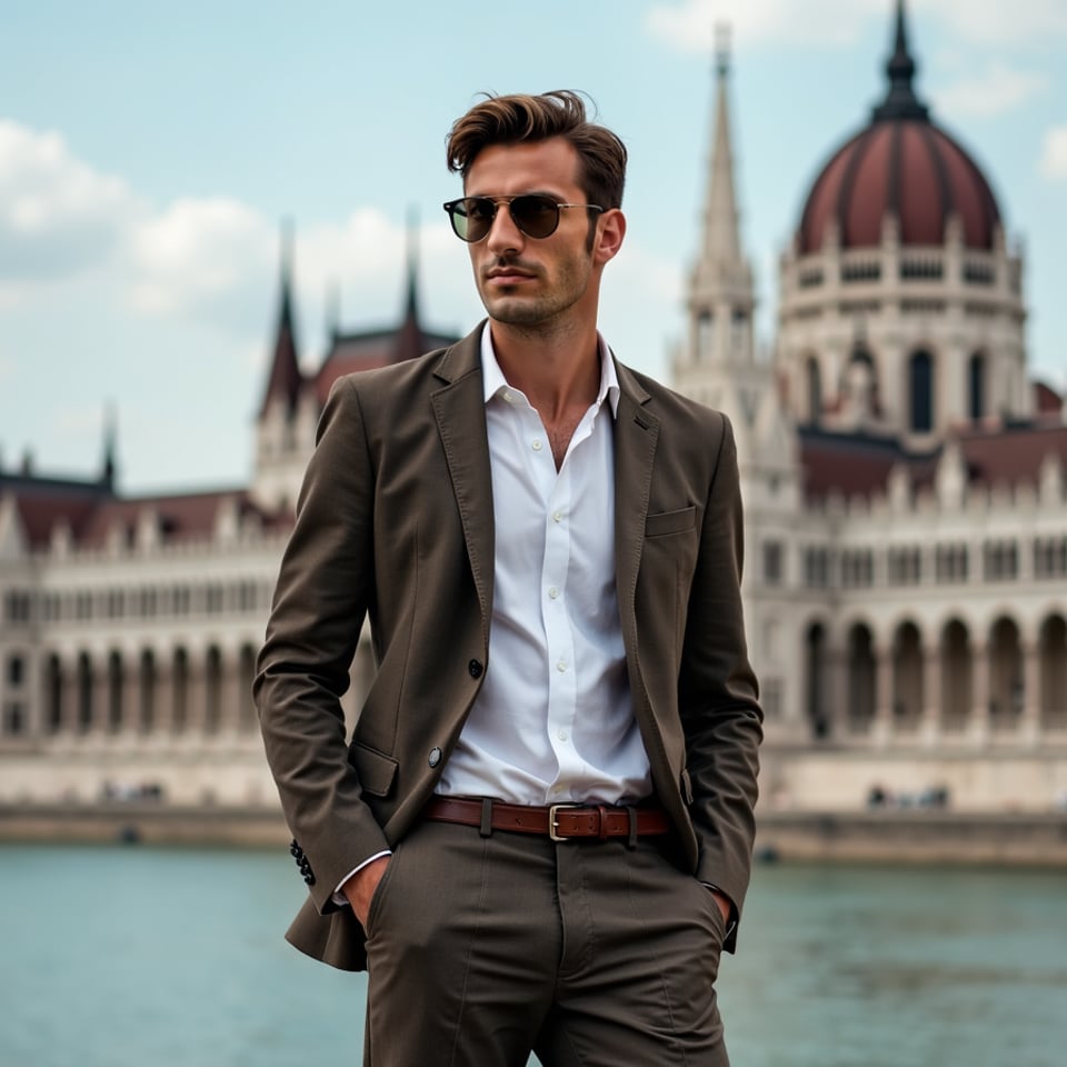 man wearing a stylish blazer and trousers, standing in front of the Széchenyi Th