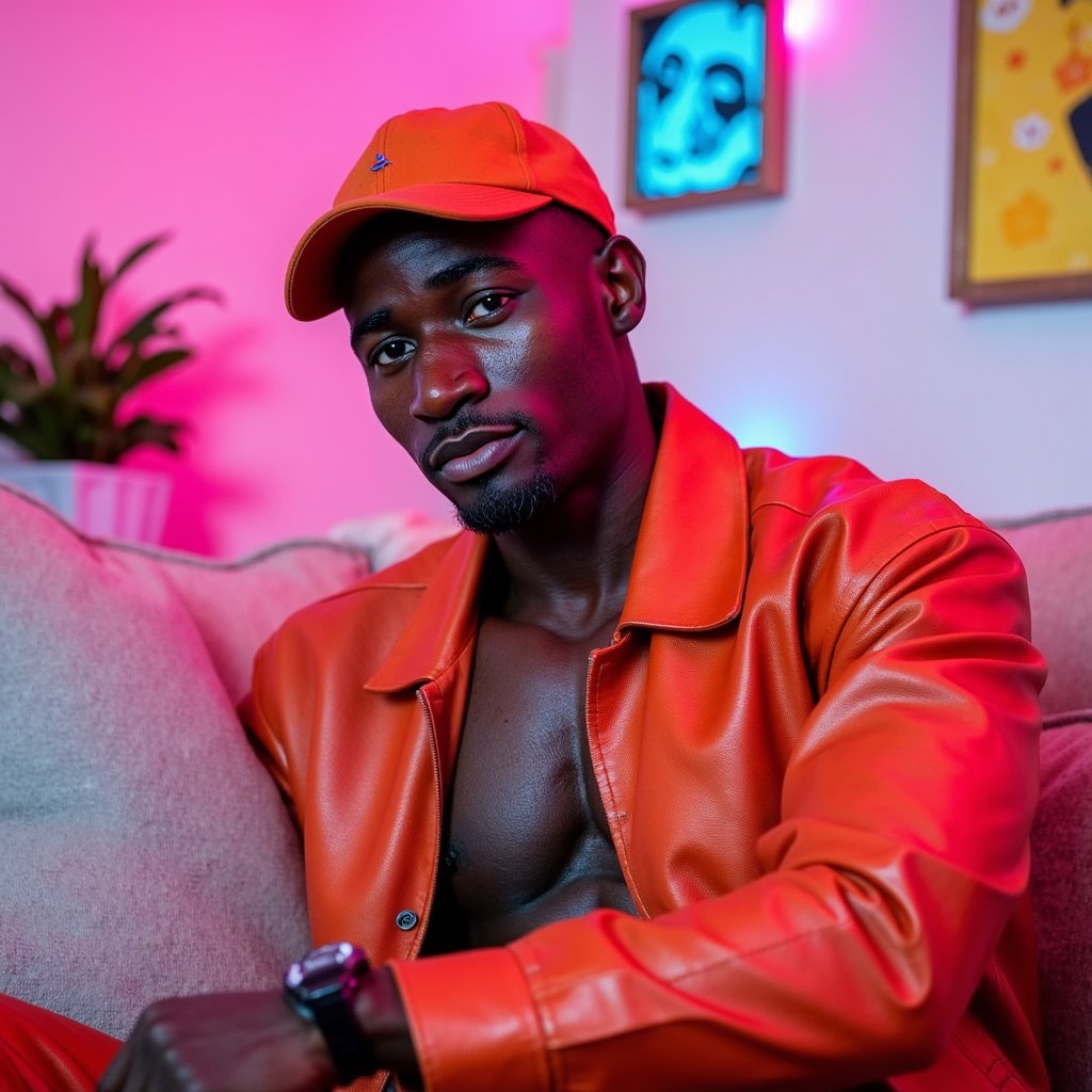 man in a vibrant, expressive look, styled with a bold pop-inspired aesthetic. The scene is infused with vivid pink tones, soft neon lighting, and nostalgic retro elements. His appearance is relaxed yet confident, channeling the mood of creative freedom and emotional uplift. The background features soft textures and playful graphic accents. Hyper-detailed, saturated colors, smooth lighting gradients, retro-modern vibe