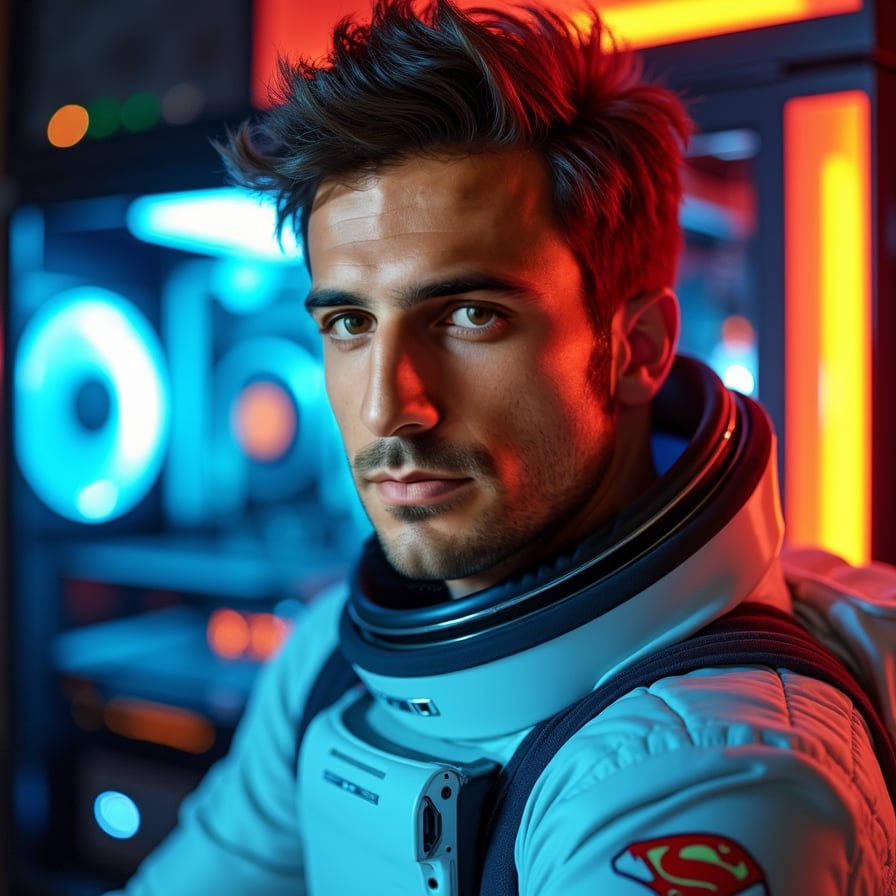 Futuristic spacesuit, cosmic lights, wormhole, otherworldly ambiance.