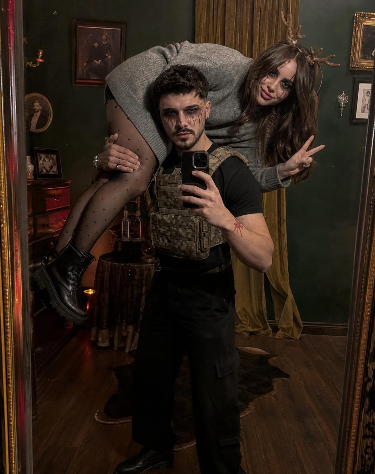 Create an ultra-realistic, candid iPhone mirror-selfie-style Halloween couple ph