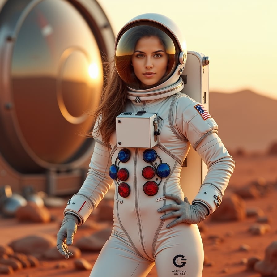 woman wearing a sleek white spacesuit, Mars landscape background with red planet terrain and dust storms, constructing a futuristic habitat module, with tools and components scattered around her, confident pose with a sense of determination and pioneering spirit.
