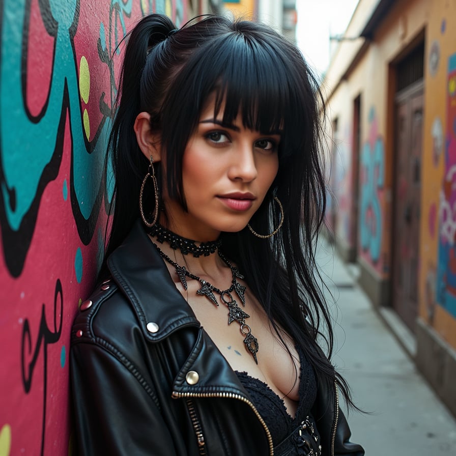 Punk style woman, graffiti alley, intricate details, noir vibe.