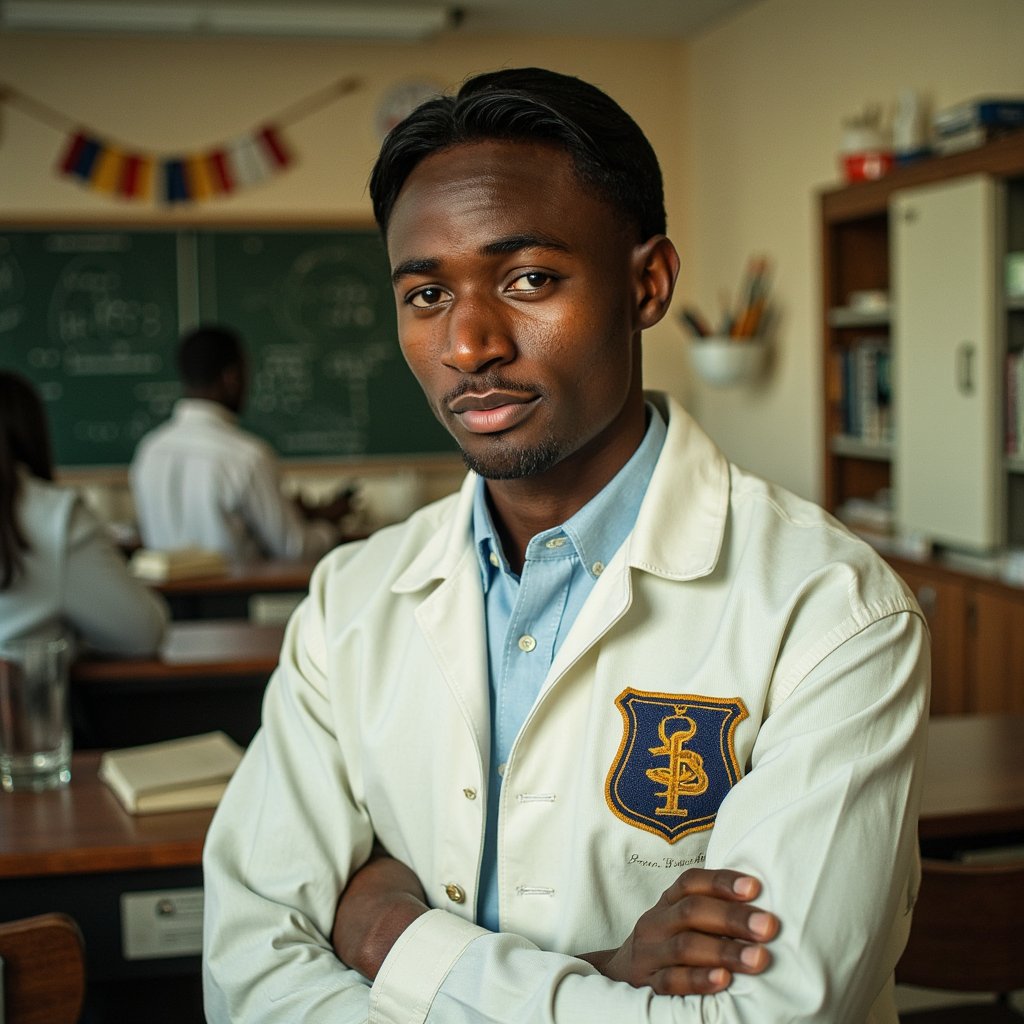 Close-up 1960s yearbook science club image, focusing on a male student’s upper torso and face, captured with a 90mm lens for shallow depth. He wears a crisp white lab coat over a light blue oxford shirt, top button undone. The cotton weave of the shirt is clearly visible beneath the smooth matte finish of the lab coat. His neatly combed dark hair has a side part, each strand individually defined in HDR clarity. Skin has realistic tone variation — faint under-eye shadows, a few freckles, and light reflection along the cheekbones from the lab lights. He holds a glass beaker in one hand at chest level, liquid catching highlights from above. Background shows faint outlines of chalkboard diagrams and blurred glassware, all softened with depth-of-field to emphasize his focused gaze.