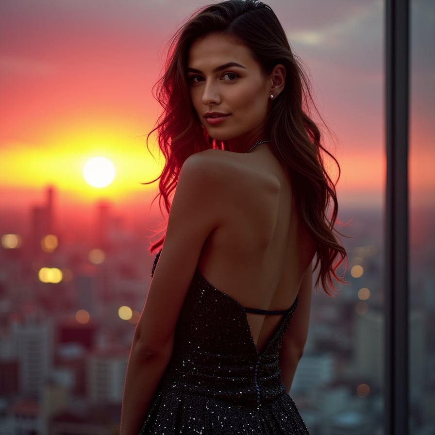 Woman in evening gown, dramatic lighting, sunset cityscape backdrop.