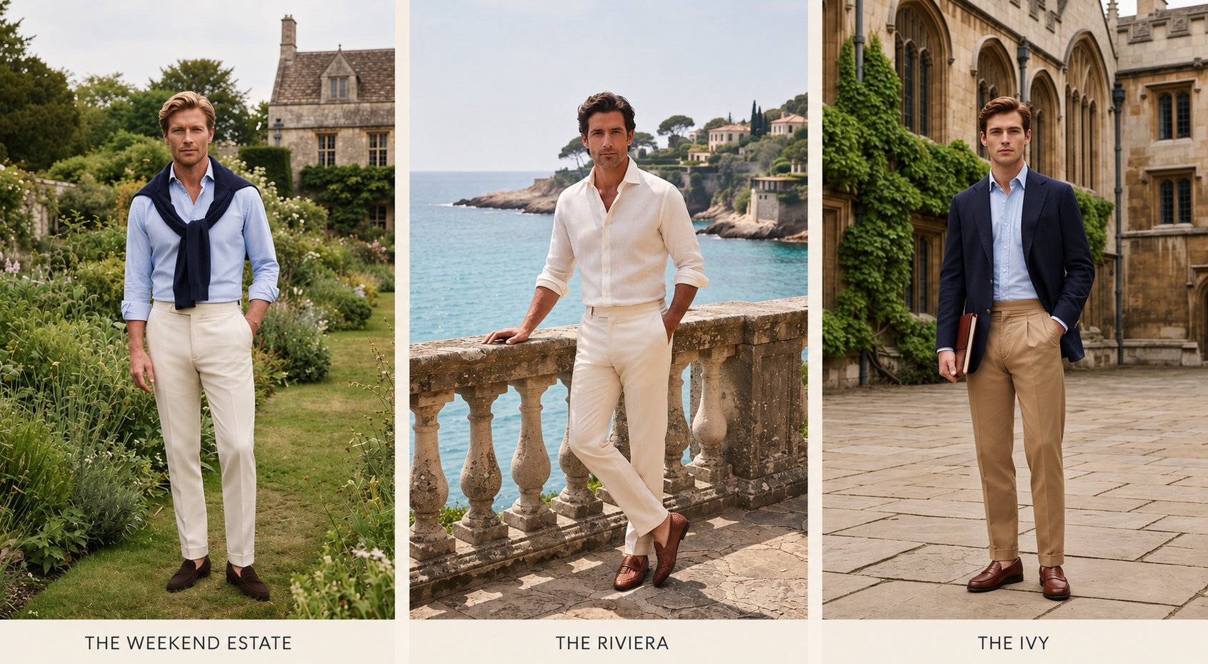 Three men's old money looks: estate weekend, Riviera linen, and Ivy style
