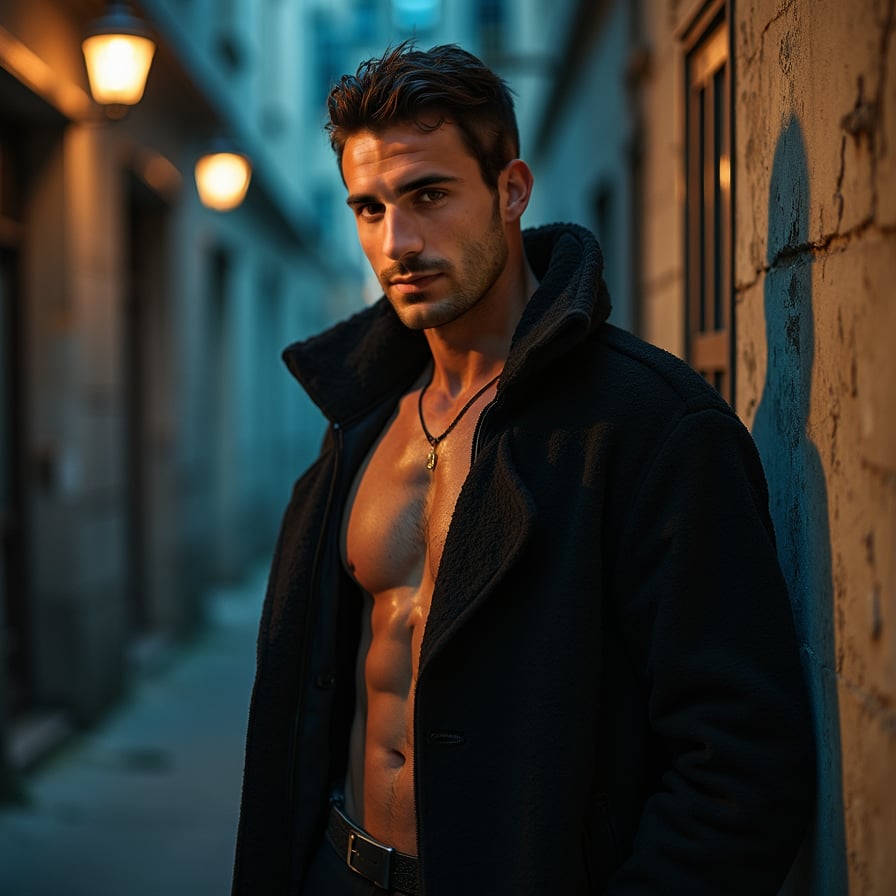 man with a strong artistic vibe. He is styled in dark, textured clothing, with dramatic lighting creating shadows and depth. The background is moody and urban, showcasing an air of mystery and creativity