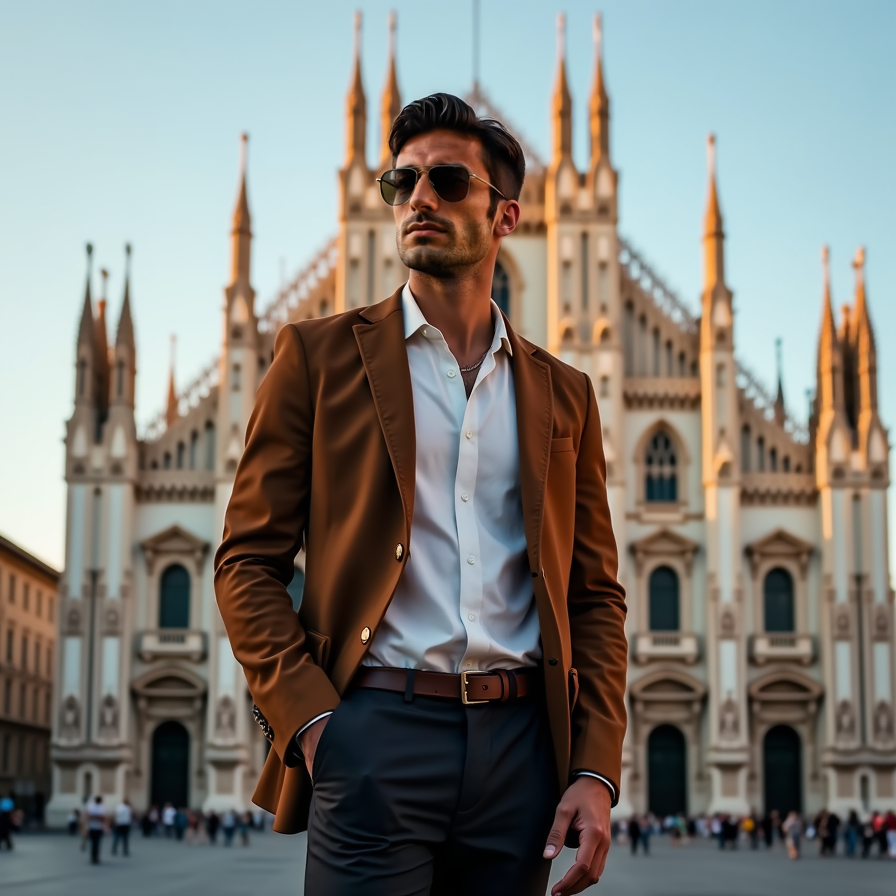man standing in elegant attire, Duomo di Milano in the background, warm afternoo