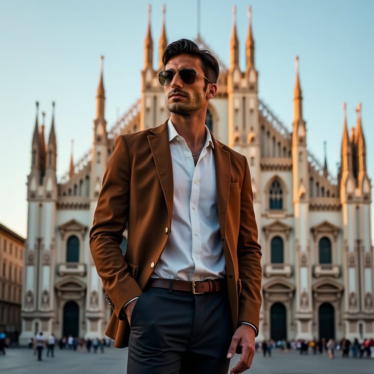 man standing in elegant attire, Duomo di Milano in the background, warm afternoo