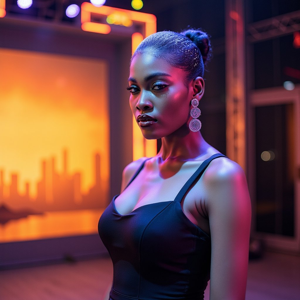 woman wearing a sleek, high-fashion gown, her gaze directed slightly above the camera. Dramatic lighting casts deep shadows and highlights on her face and gown. Behind her, a cityscape bathed in golden sunset hues contrasts with her elegant and mysterious presence.