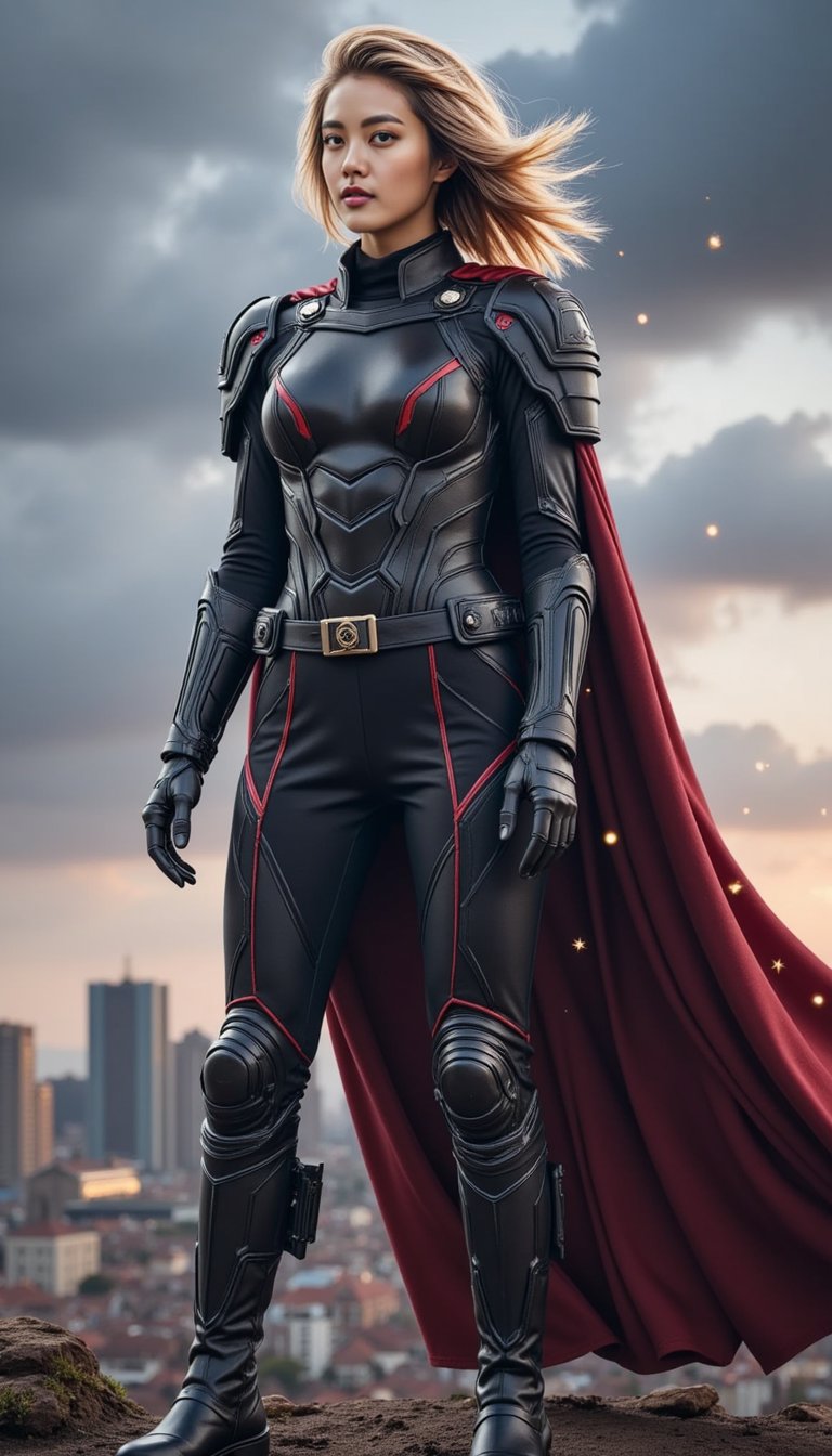 A next-gen superhero stands tall against a stormy skyline, cape fluttering slightly in the wind, jaw set with resolve. Their outfit is minimal yet high-concept, blending armor with utility. The shot is wide-angled and dramatic, evoking Marvel-style poster imagery.
