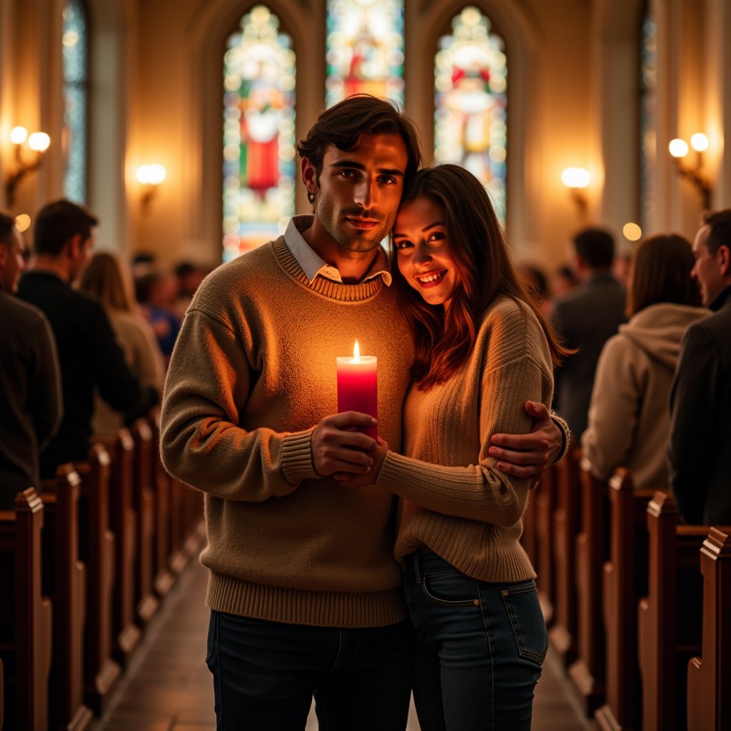 man in warm, earth-toned sweater and dark jeans, holding red candle with warm and intimate smile, surrounded by loving family, soft, golden candlelight, serene Christmas Eve church service with wooden pews and stained glass windows in background.