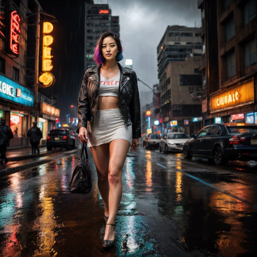 Cyber-enhanced woman, cyberpunk cityscape, neon lights, intense, cinematic.