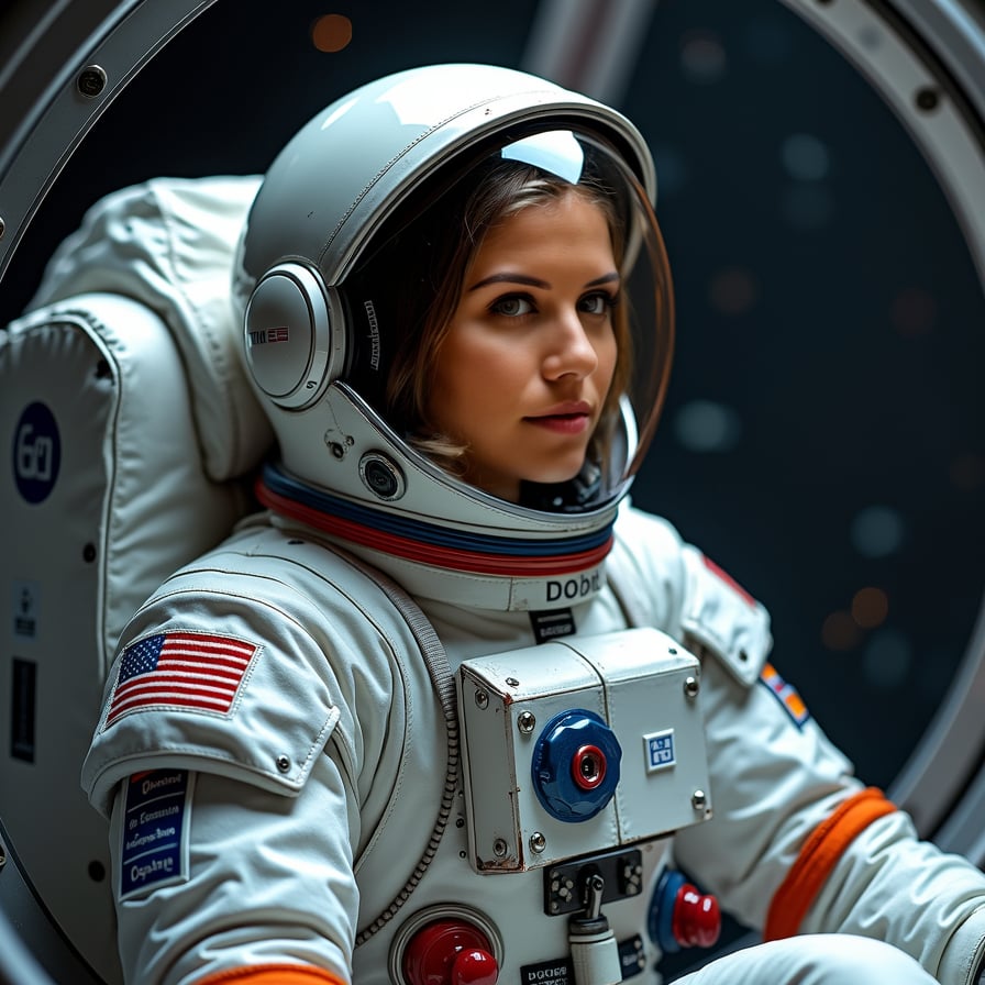 Female astronaut in spacecraft, reflective visor, starry surroundings.