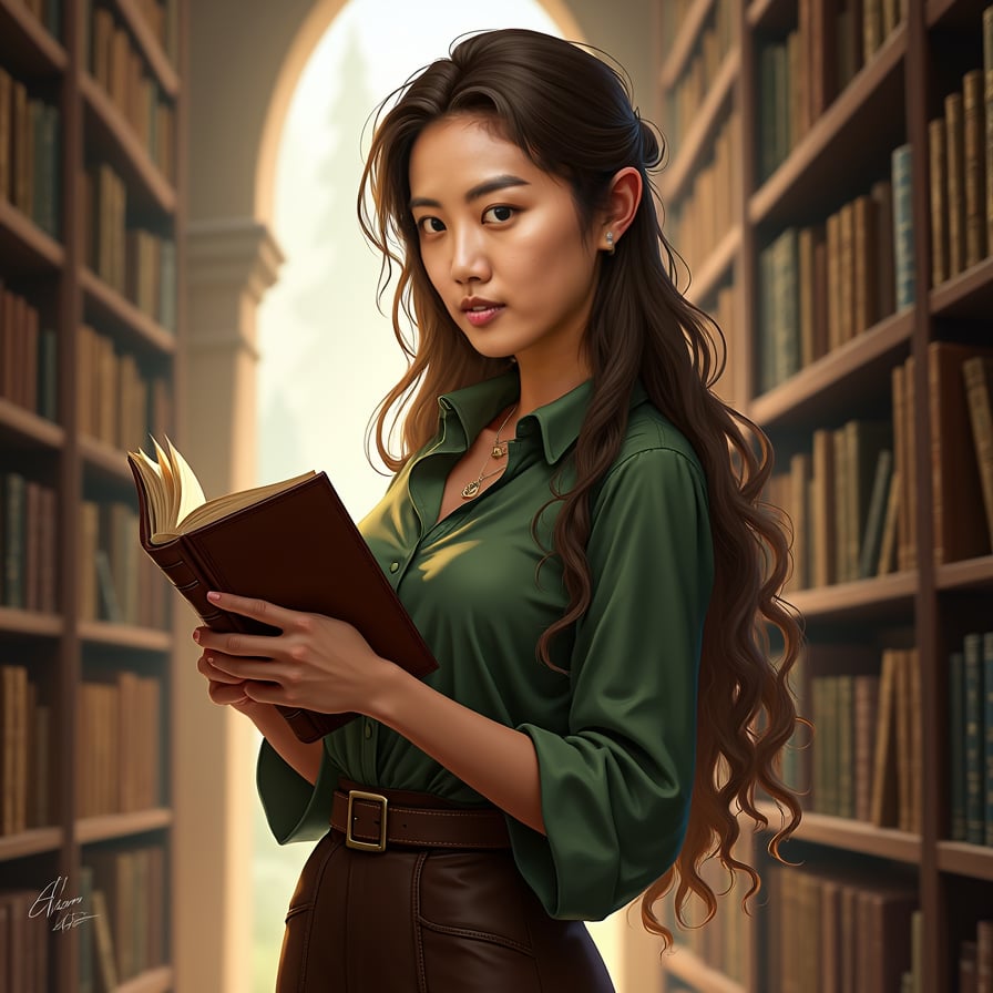 woman wearing a stylish blouse and a skirt or trousers, surrounded by shelves of books, holding a novel or a research paper, under soft, warm lighting, with a subtle background blur of the library's ambient atmosphere