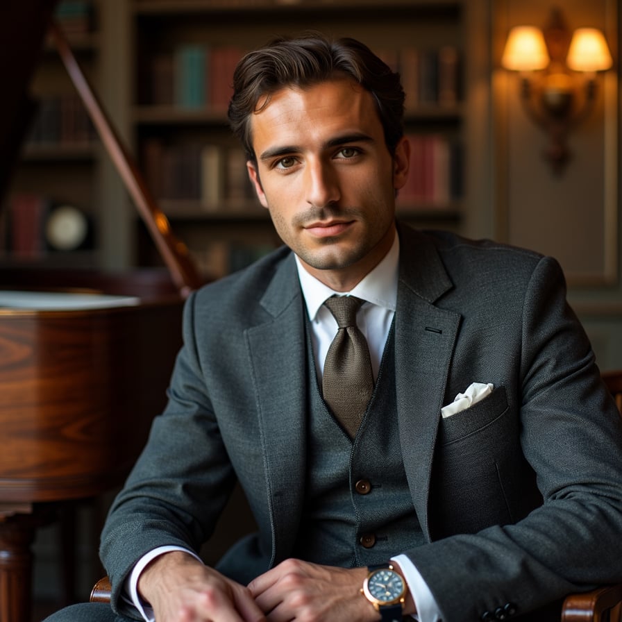 man with an air of sophistication. He is dressed in a tailored suit or a cashmere sweater over a collared shirt. The background is an elegant, softly lit library or a stately room with luxurious furnishings. His expression is confident yet understated, exuding refinement and prestige