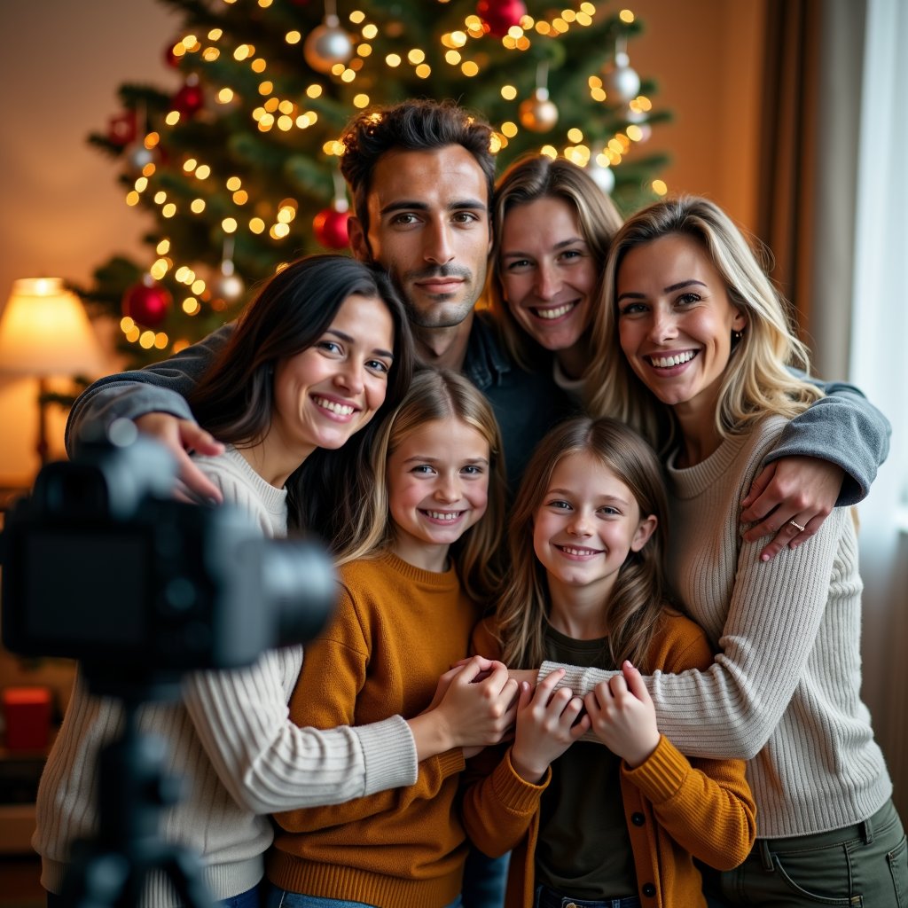 man surrounded by loving family members, smiling and embracing each other, wearing casual yet stylish outfits, standing in a warm and cozy living room with natural lighting, with a camera in the foreground, capturing the heartwarming and intimate moment of family togetherness.
