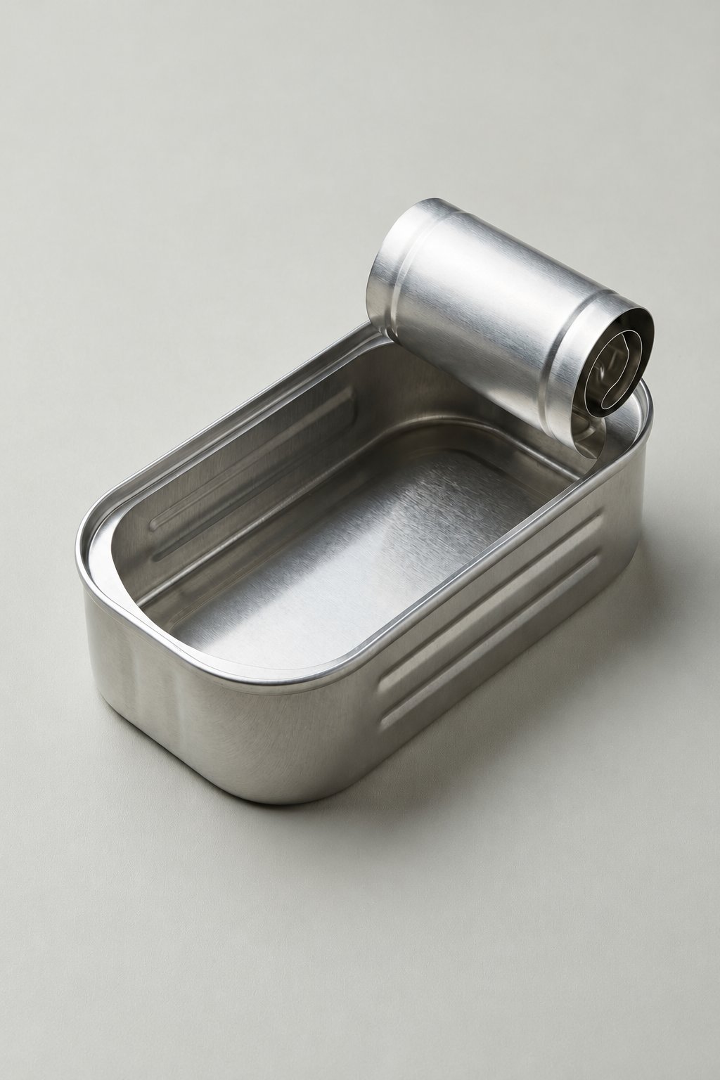 An empty opened silver sardine tin with a curled
lid