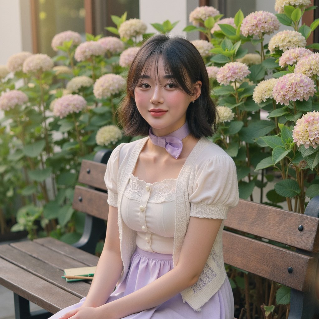 Highly detailed outdoor 1960s yearbook image of a girl seated on a wooden bench in the school’s garden, framed waist-up with a 50mm lens. She wears a cream blouse with puff sleeves in lightweight cotton, faint creases visible where her arms bend. Over it, a light cardigan in pale lilac, knitted with a delicate lace pattern, small pearl buttons fastened at the chest. Her hair is styled in shoulder-length curls with a silk scarf tied in a knot at the side. Skin is warm-toned with realistic sunlit glow on the cheekbones, a hint of mascara defining the eyes, and lips lightly tinted coral. She sits angled toward the camera, hands resting neatly in her lap, posture composed but relaxed. Background is softly blurred hydrangea bushes, their pastel blooms complementing her outfit, with golden-hour sunlight filtering through leaves.
