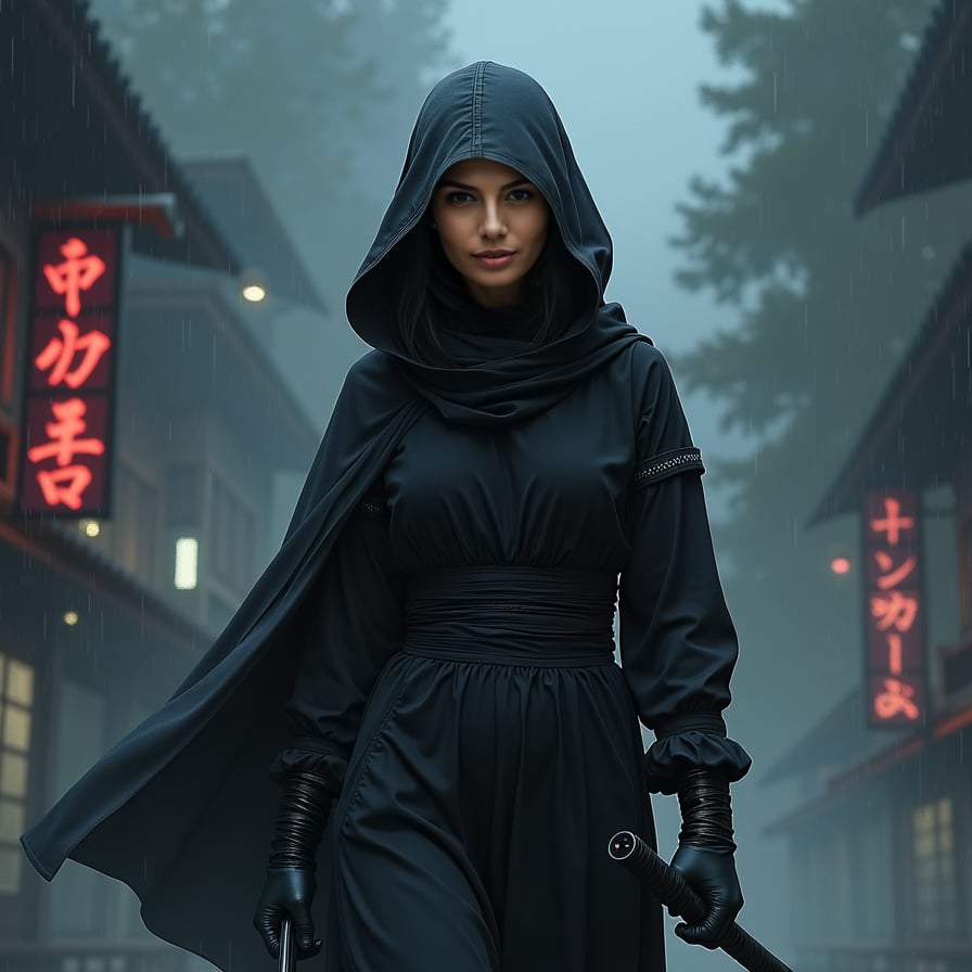 woman in black ninja costume, face mask, and stealthy pose, against a dark cityscape or misty forest background