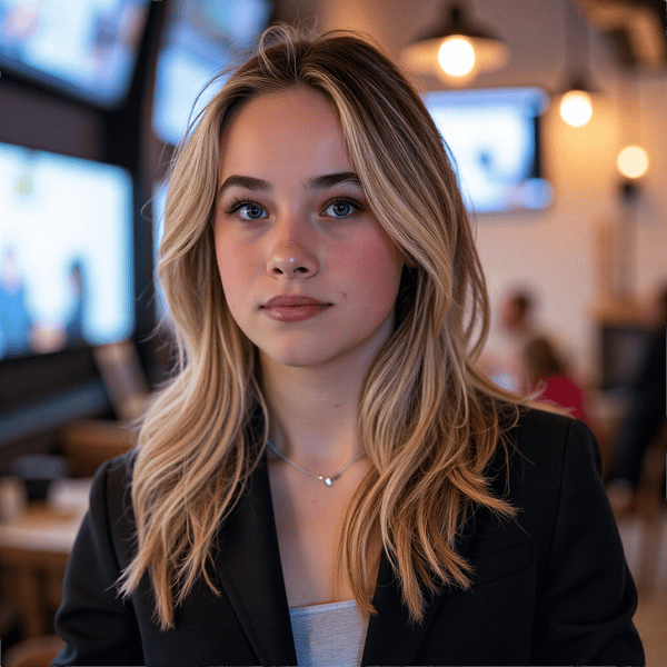 Woman with a confident, stylish presence, reflecting the digital-savvy tone of Cyber Monday. Her look is contemporary and elegant, with subtle lighting inspired by screens and ambient tech visuals. The background features soft blur and digital glow, hinting at a modern e-commerce world. The image is rendered with high clarity and polished realism, capturing calm focus and connected energy.