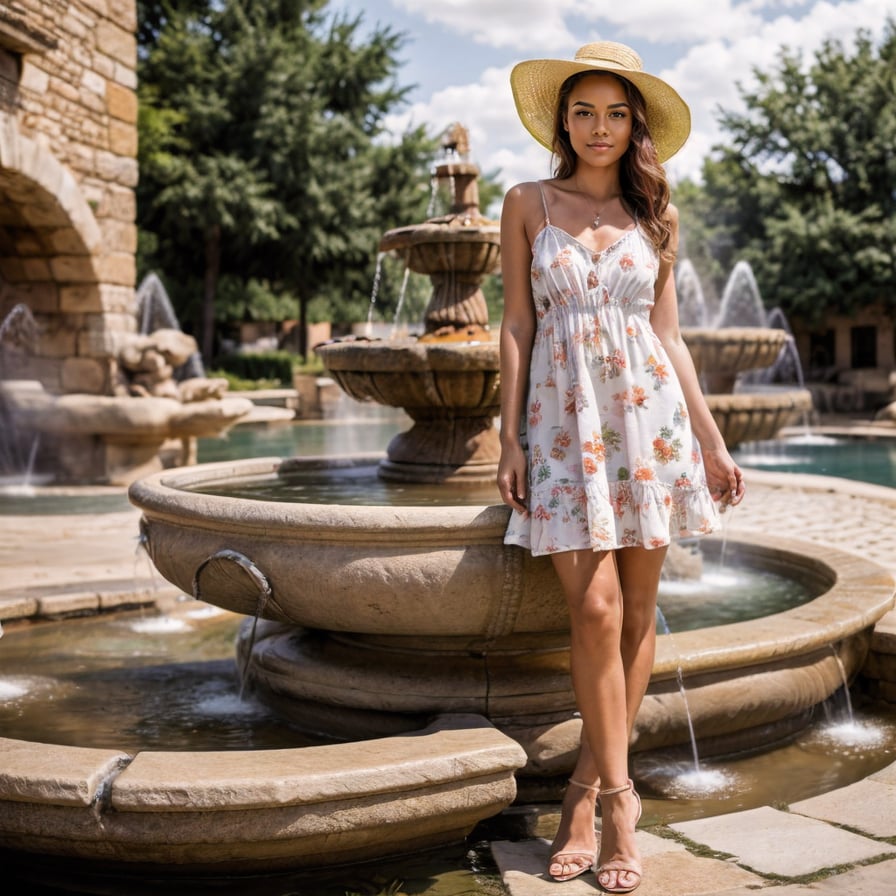 Woman in sundress, ancient European fountain, soft warm lighting.