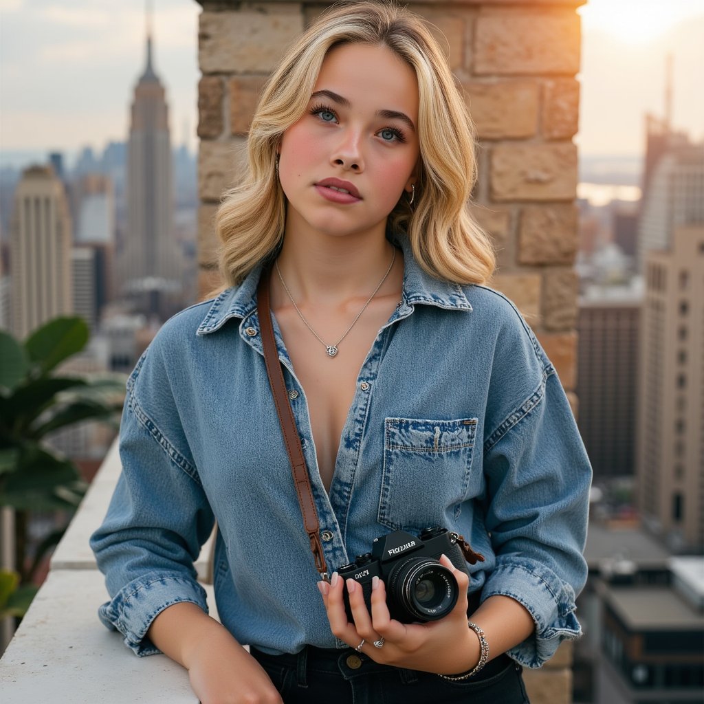 woman wearing a loose-fitting, artistically distressed denim shirt with subtle paint splatters on the sleeves. Her delicate, layered silver necklaces gleam subtly, complementing a pair of small, artisan-crafted stud earrings shaped like miniature aperture blades. She holds a beautifully preserved, antique medium format camera, its leather strap worn smooth, positioned casually in her left hand, a silent homage to her passion. Her right hand is gently raised, as if adjusting focus, creating a dynamic yet relaxed pose that exudes authentic creative energy. The background is a gently blurred sun-drenched cityscape, with distant, iconic architectural silhouettes creating a sense of expansive possibility.