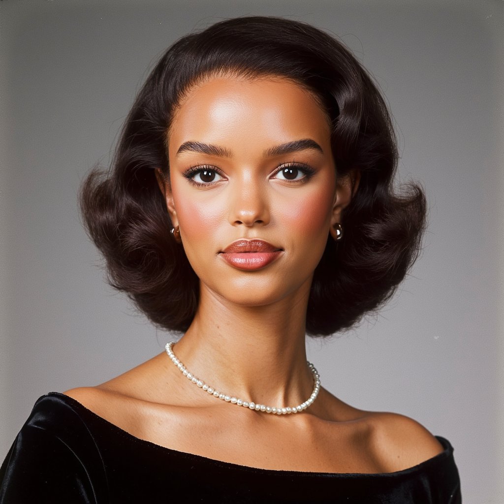 Hyperreal 1960s yearbook studio portrait of a high school senior girl, shot from the chest up with a 105mm lens. Her posture is upright, shoulders slightly angled away, chin tilted subtly downward. Hair styled in a voluminous bouffant with smooth curls tucked at the ends, a few soft flyaways near the temples. She wears a black velvet off-shoulder drape, with visible fine texture and faint light absorption in the fabric folds. A single pearl necklace rests at the collarbone, catching a faint reflection of the key light. Her skin is smooth but lifelike, with a faint natural sheen on the cheekbones and a soft pink blush. Freckles faintly visible under light studio makeup. Soft HDR lighting from the left with a fill bounce on the right, creating delicate shadow gradients under the jaw and nose. Background is seamless dark grey with a barely perceptible vignette, clean and softly blurred. Her eyes gaze directly into the lens, faint light catch creating depth.