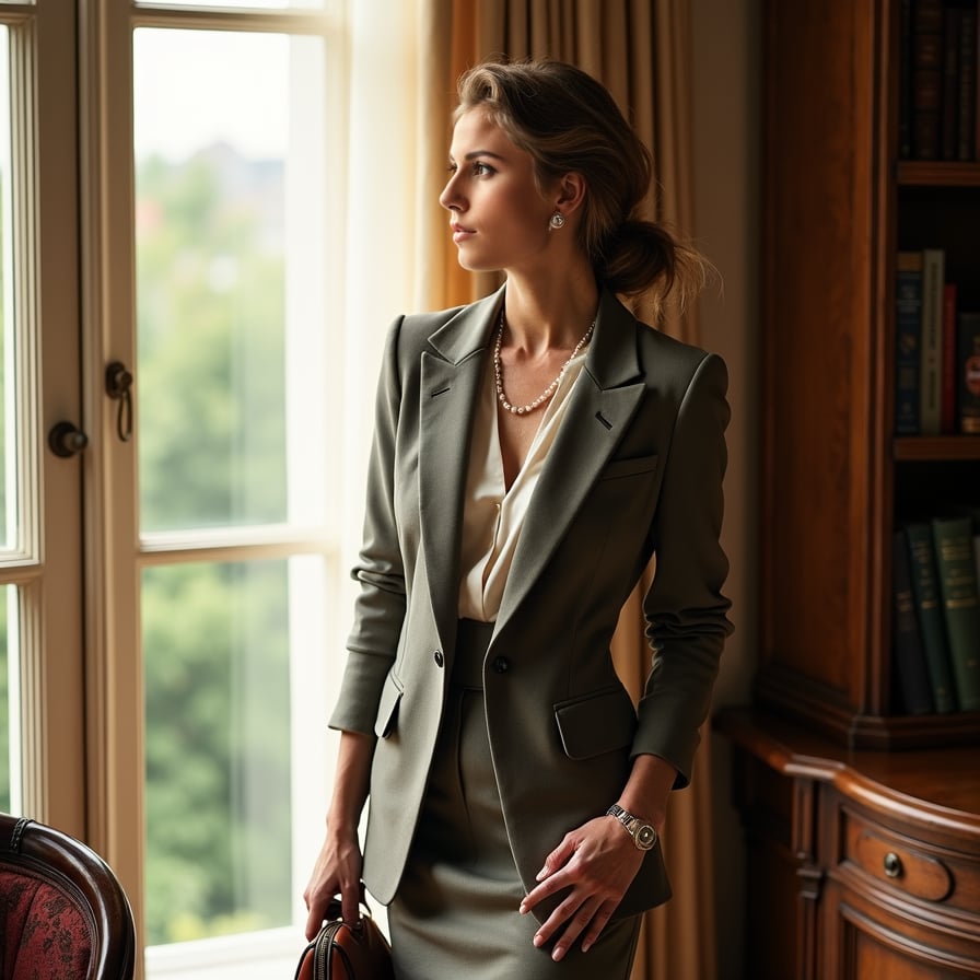 woman radiating old-money grace. She is standing near a large window with natural light streaming in, wearing a timeless outfit like a tailored blazer or a flowing gown. The background is clean and refined, with soft, luxurious textures that complement her polished look