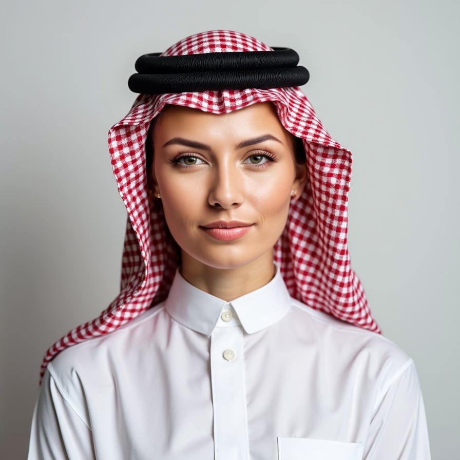 A passport-size photo of a person wearing a traditional thobe and keffiyeh, adhering to cultural norms. The background is plain and light-colored, with balanced lighting and no shadows. The individual is centered and has a neutral expression