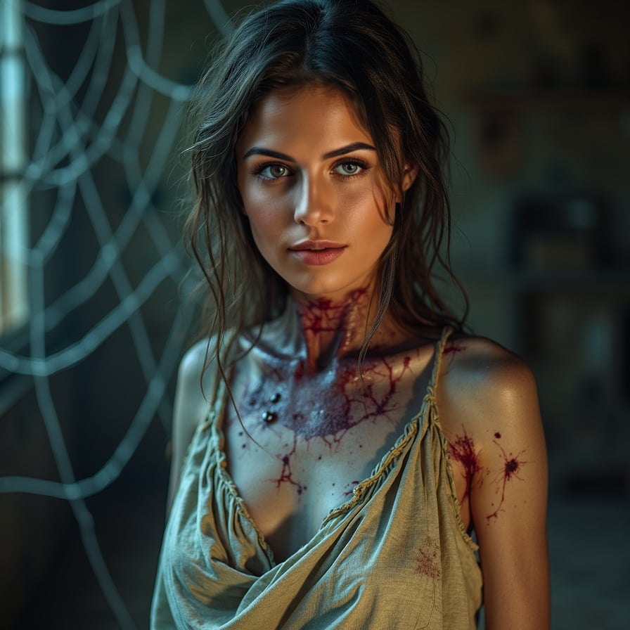 Zombie woman, torn clothing, eerie background, menacing look.