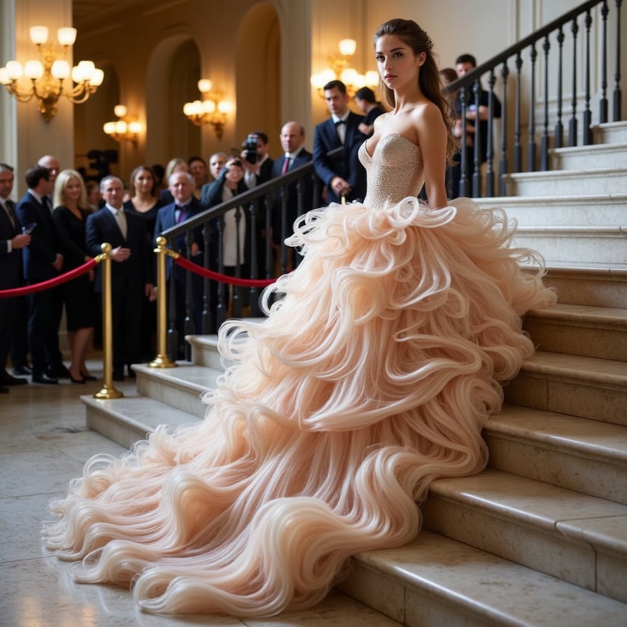 A sculptural gown made from recycled ocean plastics, molded like coral and sea foam, with wet-look hair and marine-inspired makeup for a sustainable couture statement.