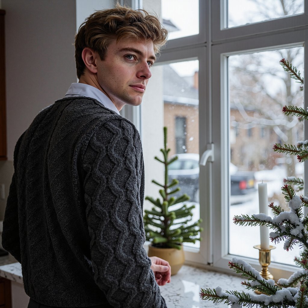 Waist-up portrait of a man standing at a frost-kissed bay window, turned 30° away from camera and gazing past the lens, off-center framing. He wears a charcoal wool cable-knit sweater layered over an oxford shirt with a slightly rumpled collar; fine wool fiber texture visible. Hair: short, side-part, lightly tousled; subtle weekend stubble. Lighting: cool north-light window key with a gold bounce fill from the right to add Christmas warmth; faint practical bokeh of a small tree in the background. Background: frosted glass with delicate condensation trails; minimal decor (a single brass candlestick out of focus). Camera: 50mm lens, f/2; highly realistic, highly detailed, HDR; crisp eye catchlights, sweater pattern sharply resolved; calm, still pose.
