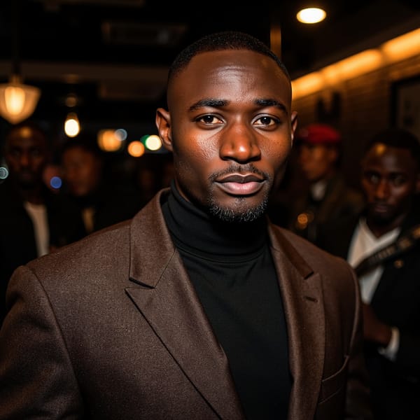 A cinematic portrait of a man (mid 30s) inside a dim jazz club, waist-up, camera slightly below eye level, subject angled three-quarters toward camera. Hair: slicked-back hair with natural imperfections. Face: realistic skin texture, slight sweat sheen, faint smile lines, calm confident gaze looking off-camera. Wardrobe: dark brown tweed blazer, visible wool texture, black turtleneck underneath, subtle fabric lint and folds. Lighting: warm tungsten key light from camera-left, soft amber rim light from behind cutting through light smoke in the air; gentle haze adds depth. Background: blurred stage lights and indistinct silhouettes, no instruments in focus, extremely minimal. Camera: 50mm lens, f/1.8, shallow depth, cinematic warmth and grain. Highly detailed, highly realistic, HDR quality, cinematic low-light atmosphere, minimal clutter.