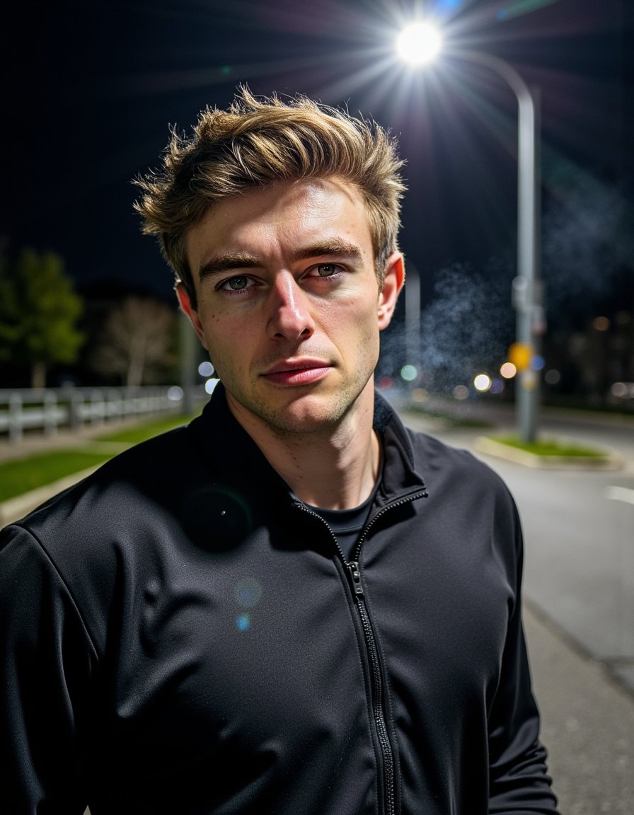 Knee-up night-time portrait of a male athlete in black track jacket, standing under a bright streetlamp. Strong shadows highlighting jawline and cheekbones. Breath vapor visible in cold air. Background: empty dark street softly blurred. Realistic sweat sheen on skin.