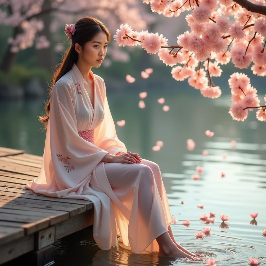 A young woman sits on a wooden dock, dipping her feet into a calm river as cherry blossom petals drift on the water’s surface. She wears a flowing white dress, her expression peaceful as she gazes at the sunset.