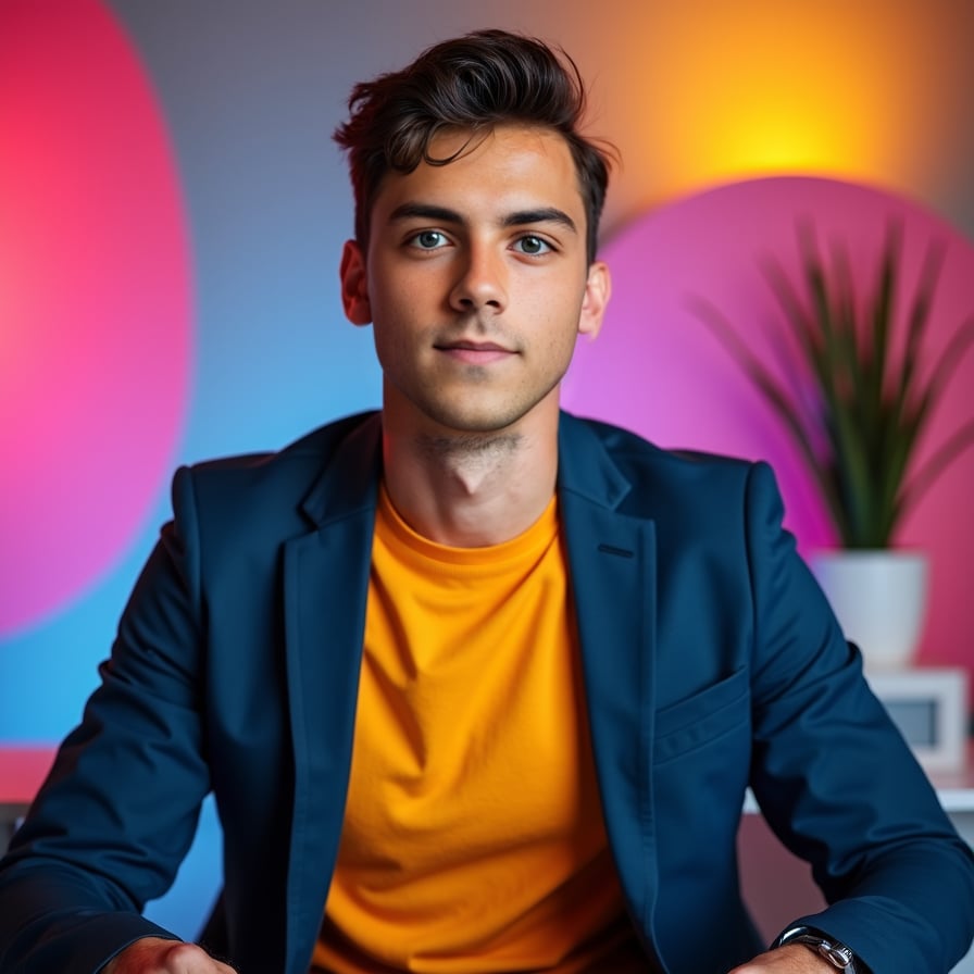 man with an excited and engaging expression. He is wearing a vibrant t-shirt or casual attire, with a colorful or gradient background that pops. The image should convey energy and curiosity, ideal for a thumbnail designed to boost click-through rates