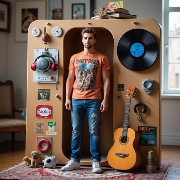 Wearing a vintage band tee and jeans, this figure lounges next to vinyl records, a guitar, headphones, and a record player. Posters line the packaging.
