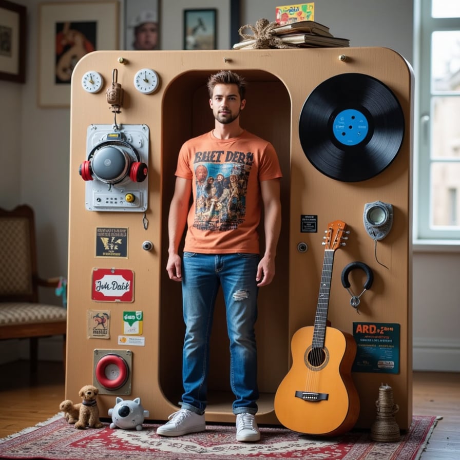 Wearing a vintage band tee and jeans, this figure lounges next to vinyl records, a guitar, headphones, and a record player. Posters line the packaging.