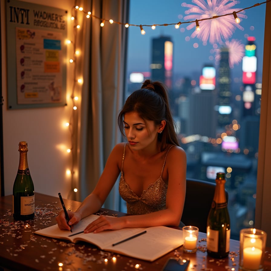 A focused woman sitting at a desk, writing her New Year’s resolutions in a journal, with a motivational vision board and a calendar in the background, lit by warm candlelight
