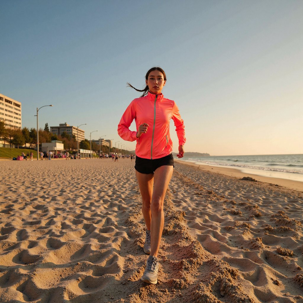 Woman sprinting along compact sand near the shoreline at golden hour; braided ponytail swept back, determined gaze; lightweight coral windbreaker (matte ripstop micro-creases), black compression shorts, knit mesh running shoes; side-on composition at hip height, 85mm, f/2.8, 1/1600, ISO 200 to freeze stride; warm backlight from low sun creating rim along arms and calves, sky fill cooling shadows; background: gentle waves and horizon rendered with soft blur, minimal clutter; visible details: zipper pulls, reflective piping, shoe tread sandy dusting, fine facial pores; highly detailed, highly realistic, HDR