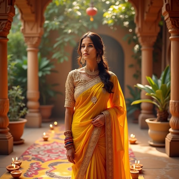 woman wearing a vibrant yellow saree, adorned with intricate gold embroidery, standing in a picturesque Indian setting with carved stone pillars and lush greenery, warm golden lighting.