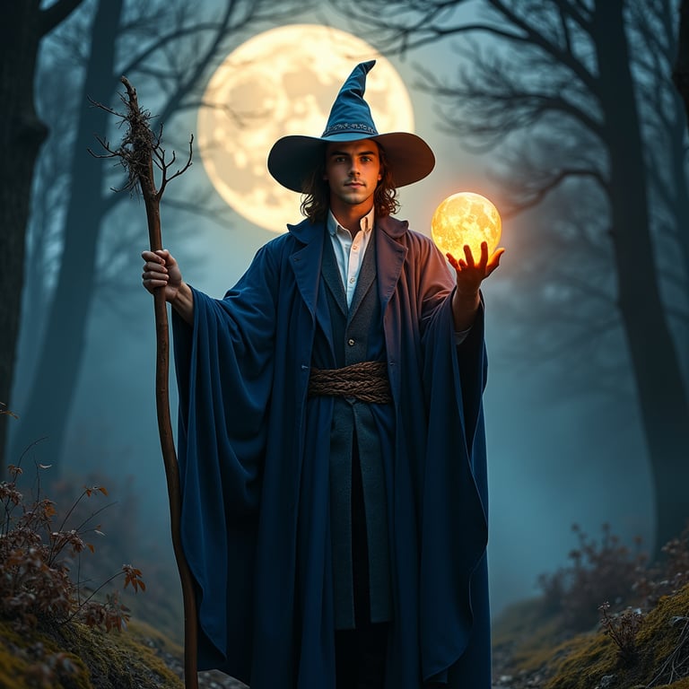 man in stylish navy blue outfit, moon shining brightly in the dark night sky beh
