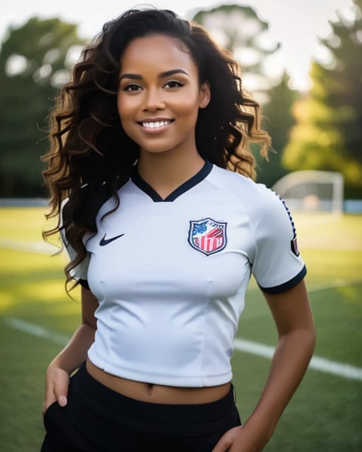 Athletic woman playing soccer, dynamic pose, sunlit field.
