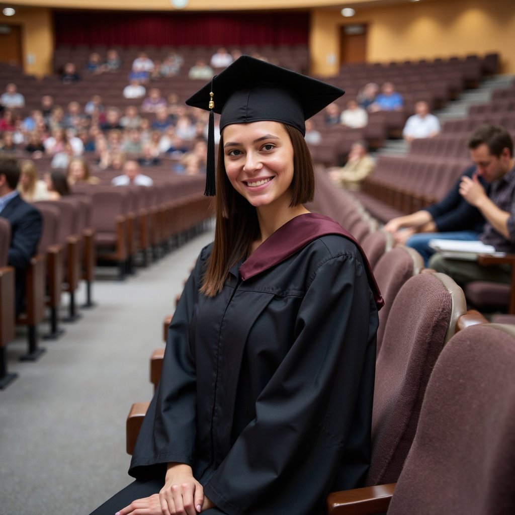 Head-and-shoulders portrait of a woman graduate seated among rows of empty velvet auditorium chairs, turned slightly toward the aisle; wearing a black gown with maroon hood, mortarboard tassel hanging near her cheek; long straight hair tucked neatly behind one ear, calm confident gaze; camera at slight diagonal from aisle level, 70 mm lens, f/1.8; lighting: soft tungsten key light overhead mixed with mild daylight spill from side curtain; background chairs softly patterned blur; visible textures of velvet seat, gown weave, silk hood trim; balanced warm-cool tonality, highly detailed, highly realistic, HDR portrait look.
