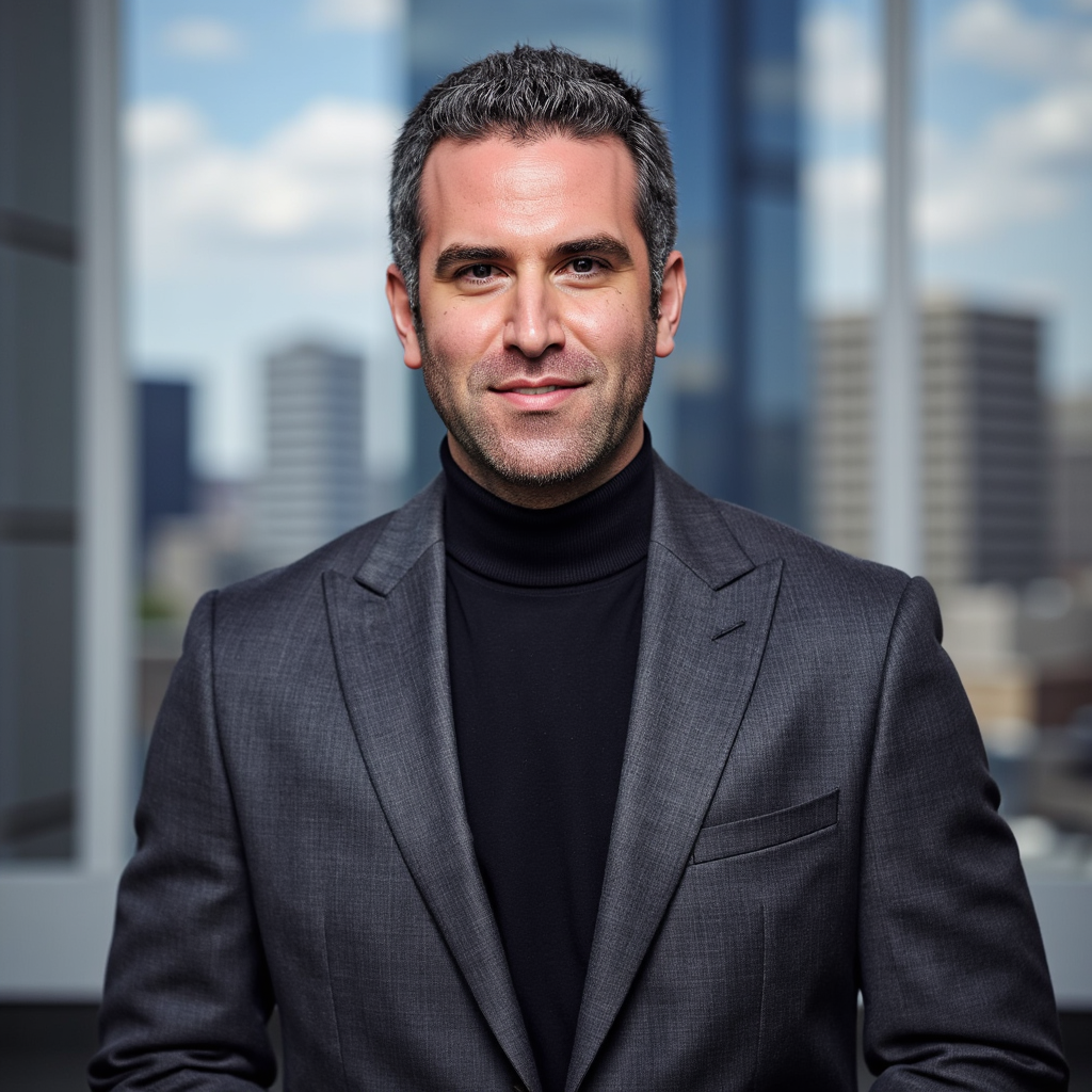 man wearing a charcoal gray turtleneck sweater, with his chin slightly raised, e